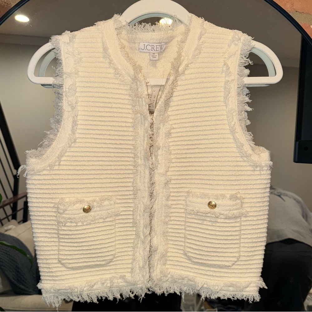 J. Crew Cream Textured Fringe Vest